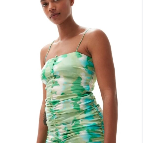 NWT GANNI Silk Stretch Satin Green Sleeveless Mini Dress Size 38 $495 - Picture 2 of 14